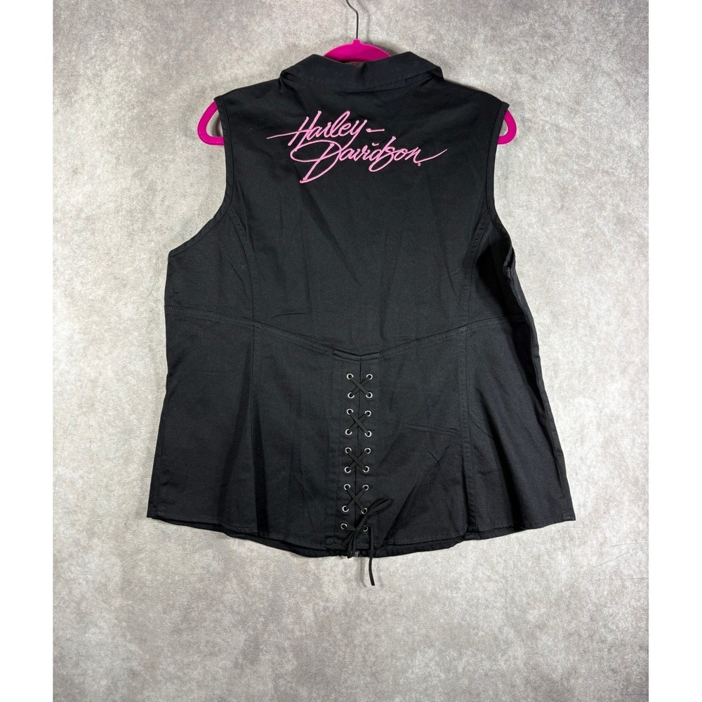 Harley Davidson Vest Womens 1W Black Pink Embroidered Corset Back Moto Biker